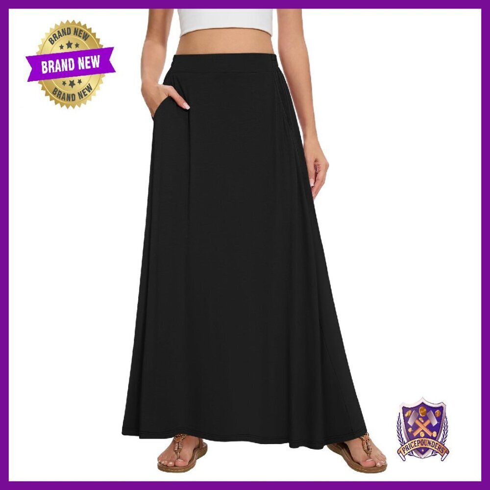 Maxi A-Line Skirt High Waist Elastic Pockets Flowy Casual